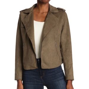 NWT T Tahari Faux Suede Cropped Moto Jacket in Olive Green